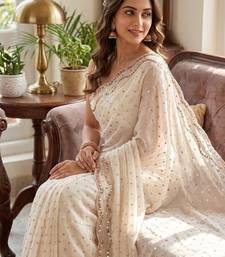 White Color  Beads Work Silk Blend Saree