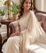 White Color  Beads Work Silk Blend Saree