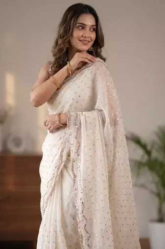 White Color  Beads Work Silk Blend Saree