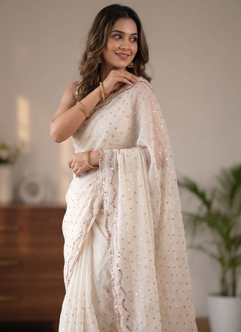 White Color  Beads Work Silk Blend Saree