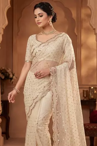 White Color  Beads Work Silk Blend Saree