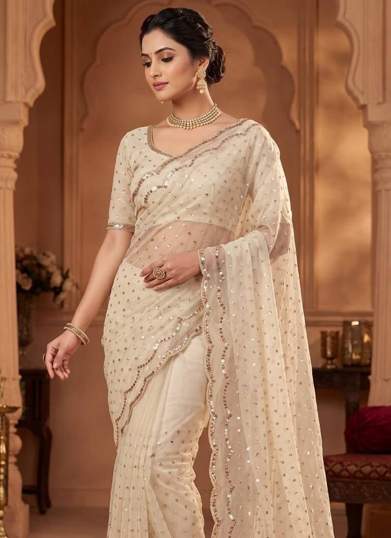 White Color  Beads Work Silk Blend Saree