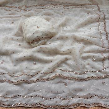 White Color  Beads Work Silk Blend Saree 4