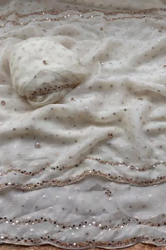 White Color  Beads Work Silk Blend Saree