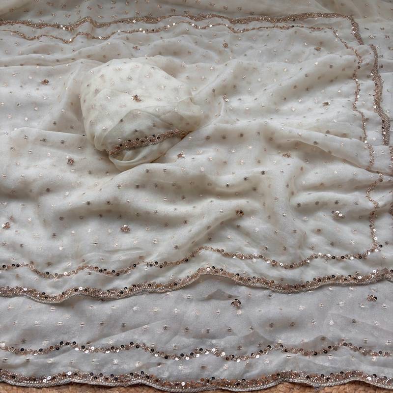White Color  Beads Work Silk Blend Saree