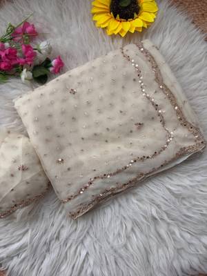 White Color  Beads Work Silk Blend Saree 5