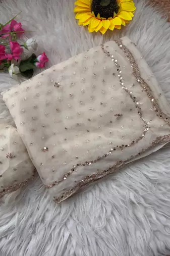 White Color  Beads Work Silk Blend Saree