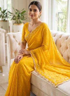 Yellow Color  Beads Work Silk Blend Saree 1