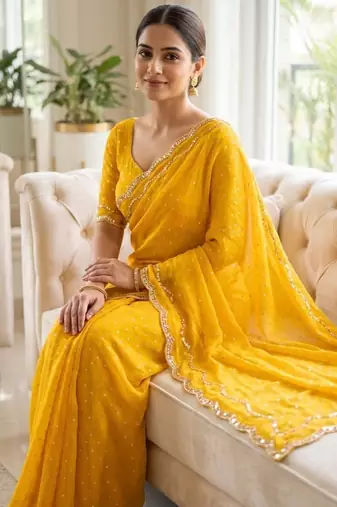 Yellow Color  Beads Work Silk Blend Saree