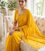 Yellow Color  Beads Work Silk Blend Saree