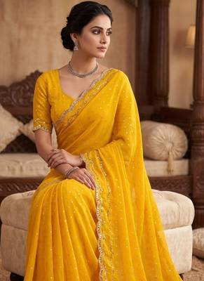 Yellow Color  Beads Work Silk Blend Saree 2