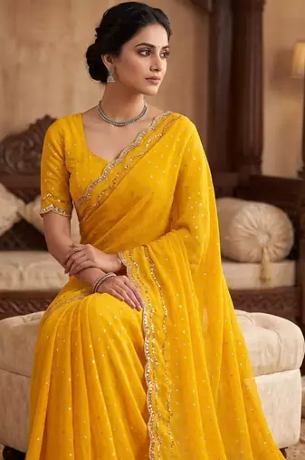 Yellow Color  Beads Work Silk Blend Saree