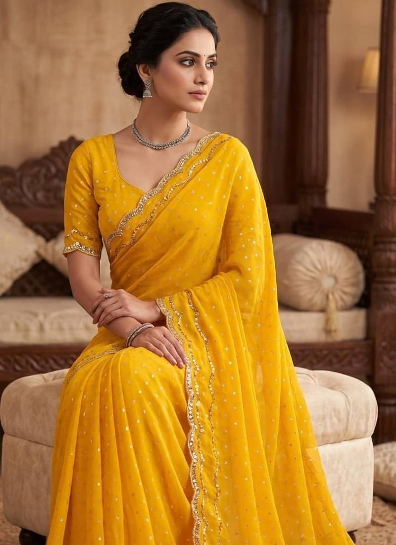 Yellow Color  Beads Work Silk Blend Saree