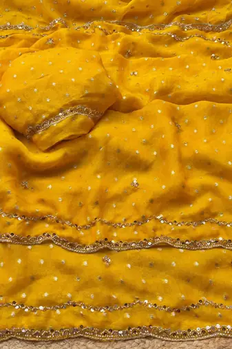 Yellow Color  Beads Work Silk Blend Saree