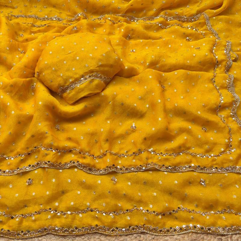 Yellow Color  Beads Work Silk Blend Saree