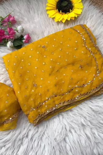 Yellow Color  Beads Work Silk Blend Saree