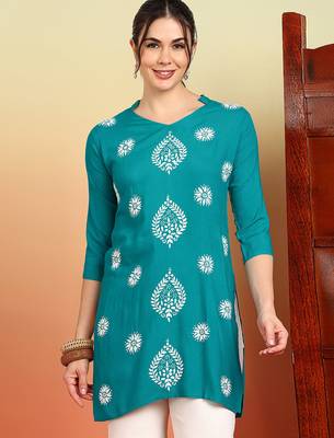 Women's turquoise blue ethnic motifs lucknowi chikankari embroidered floral a-line short kurtis 1