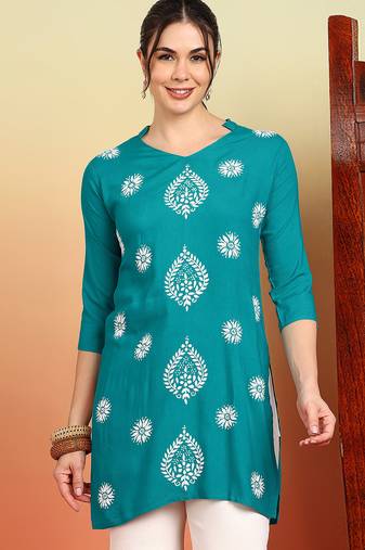 Women's turquoise blue ethnic motifs lucknowi chikankari embroidered floral a-line short kurtis