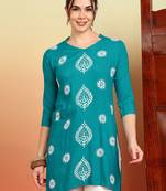 Women's turquoise blue ethnic motifs lucknowi chikankari embroidered floral a-line short kurtis