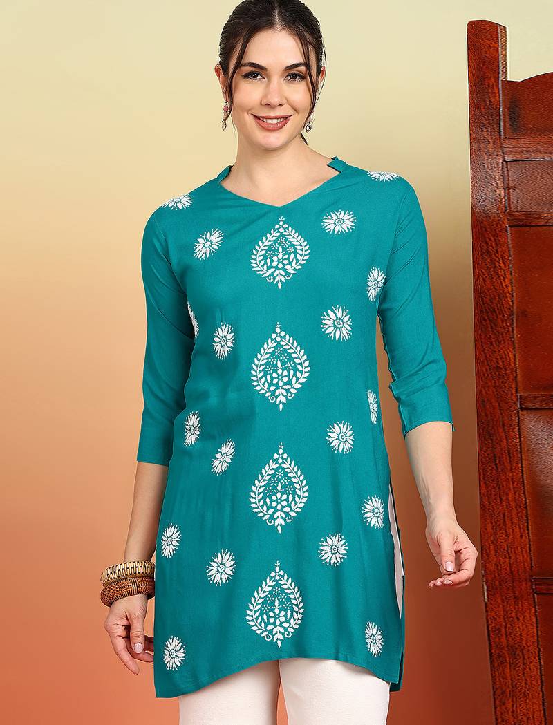 Women's turquoise blue ethnic motifs lucknowi chikankari embroidered floral a-line short kurtis