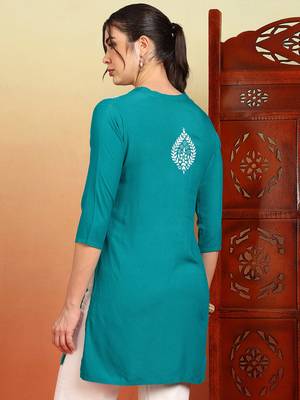 Women's turquoise blue ethnic motifs lucknowi chikankari embroidered floral a-line short kurtis 2