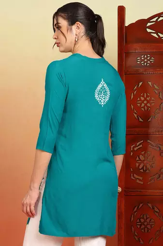 Women's turquoise blue ethnic motifs lucknowi chikankari embroidered floral a-line short kurtis