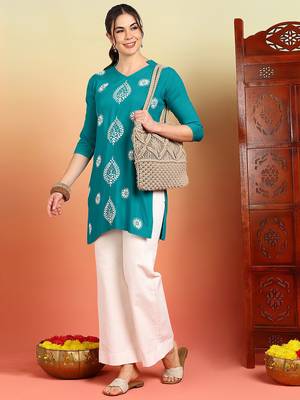 Women's turquoise blue ethnic motifs lucknowi chikankari embroidered floral a-line short kurtis 3