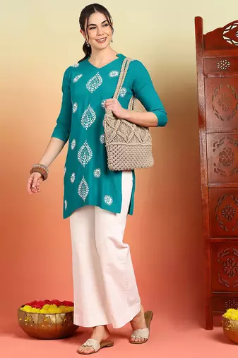 Women's turquoise blue ethnic motifs lucknowi chikankari embroidered floral a-line short kurtis