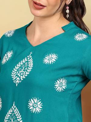 Women's turquoise blue ethnic motifs lucknowi chikankari embroidered floral a-line short kurtis 4