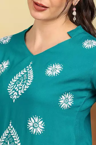 Women's turquoise blue ethnic motifs lucknowi chikankari embroidered floral a-line short kurtis