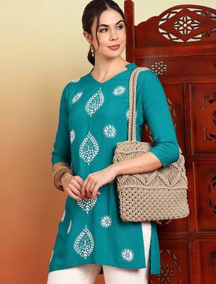 Women's turquoise blue ethnic motifs lucknowi chikankari embroidered floral a-line short kurtis 5