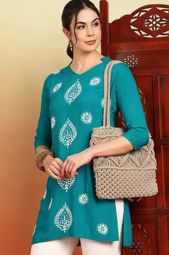 Women's turquoise blue ethnic motifs lucknowi chikankari embroidered floral a-line short kurtis
