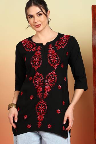 Women black & red floral buttis embroidered lucknowi chikankari short kurtis