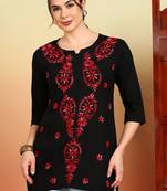 Women black & red floral buttis embroidered lucknowi chikankari short kurtis