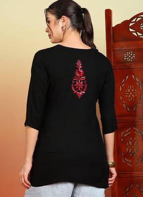 Women black & red floral buttis embroidered lucknowi chikankari short kurtis 2