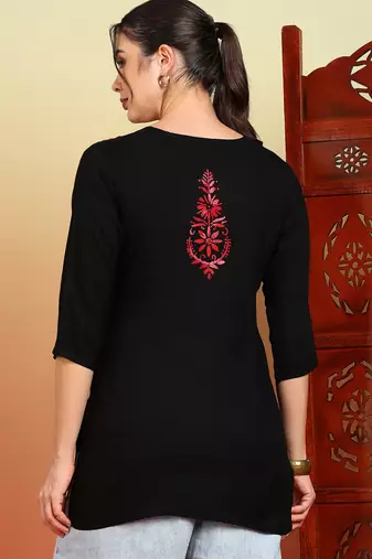 Women black & red floral buttis embroidered lucknowi chikankari short kurtis