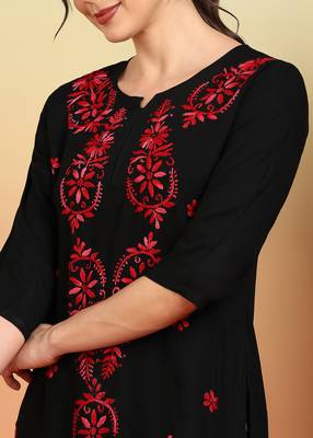 Women black & red floral buttis embroidered lucknowi chikankari short kurtis 3