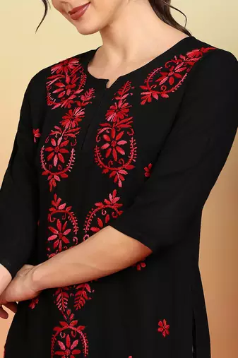 Women black & red floral buttis embroidered lucknowi chikankari short kurtis