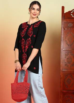 Women black & red floral buttis embroidered lucknowi chikankari short kurtis 4