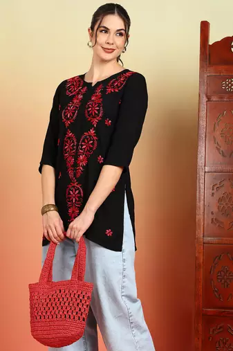 Women black & red floral buttis embroidered lucknowi chikankari short kurtis