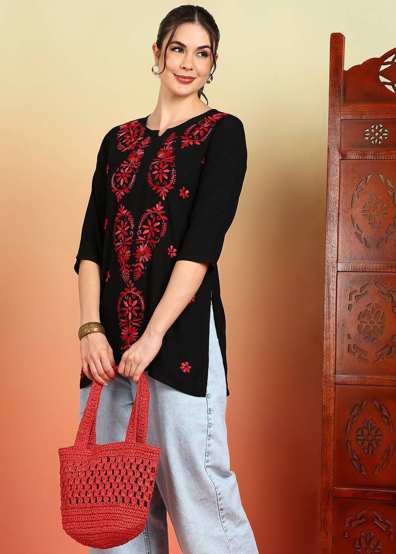 Women black & red floral buttis embroidered lucknowi chikankari short kurtis