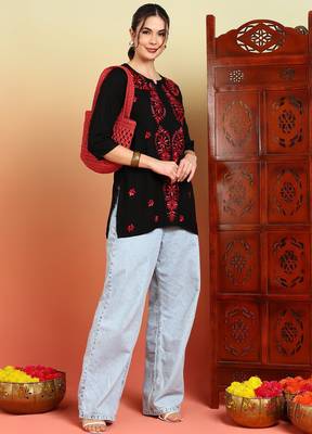 Women black & red floral buttis embroidered lucknowi chikankari short kurtis 5