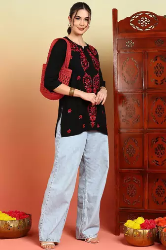 Women black & red floral buttis embroidered lucknowi chikankari short kurtis