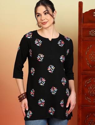 Women black floral buttis embroidered lucknowi chikankari rayon cotton short kurtis 1