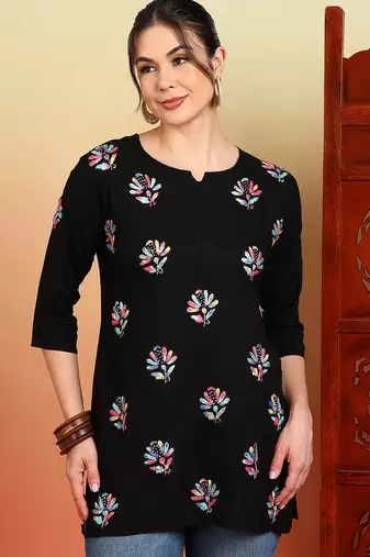 Women black floral buttis embroidered lucknowi chikankari rayon cotton short kurtis