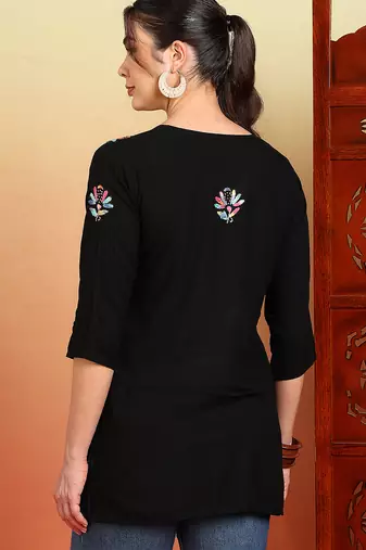 Women black floral buttis embroidered lucknowi chikankari rayon cotton short kurtis