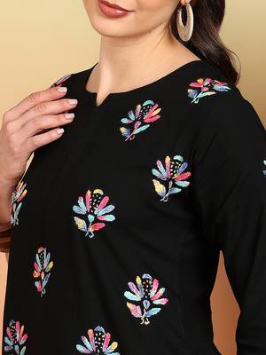 Women black floral buttis embroidered lucknowi chikankari rayon cotton short kurtis 3