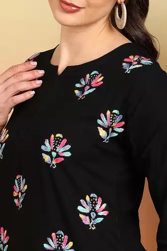 Women black floral buttis embroidered lucknowi chikankari rayon cotton short kurtis