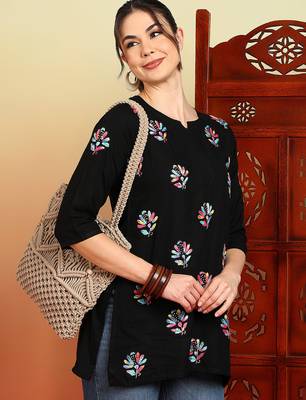 Women black floral buttis embroidered lucknowi chikankari rayon cotton short kurtis 4