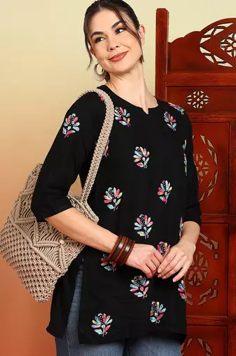 Women black floral buttis embroidered lucknowi chikankari rayon cotton short kurtis